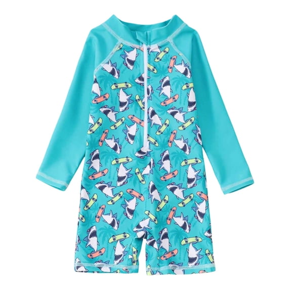 WAYUTE Baby Boy Swimsuit Long Sleeve Zipper Printed One Piece Bathing Suit for Toddler Sun Protection Outfit Summer Beach Pool