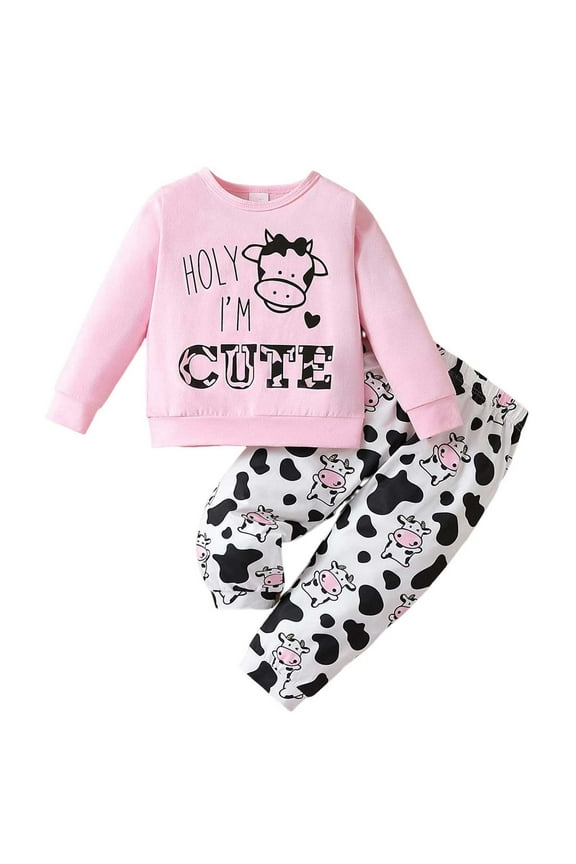 Baby Girl Outfits Long Sleeve Cartoon Cow Prints Tops and Pants 2 Piece Casual Outdoor Adorable Outfits Set for Kids Clothes