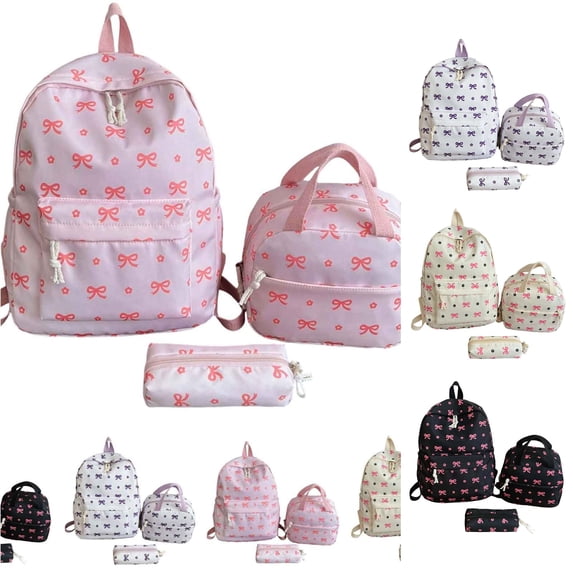 WAYUTE Backpack for Kids Lightweight Floral Bow 3 Pcs Backpack Set for Spacious Everyday Use with Comfortable Straps for Commuting Bookbag Casual Outdoor Travel