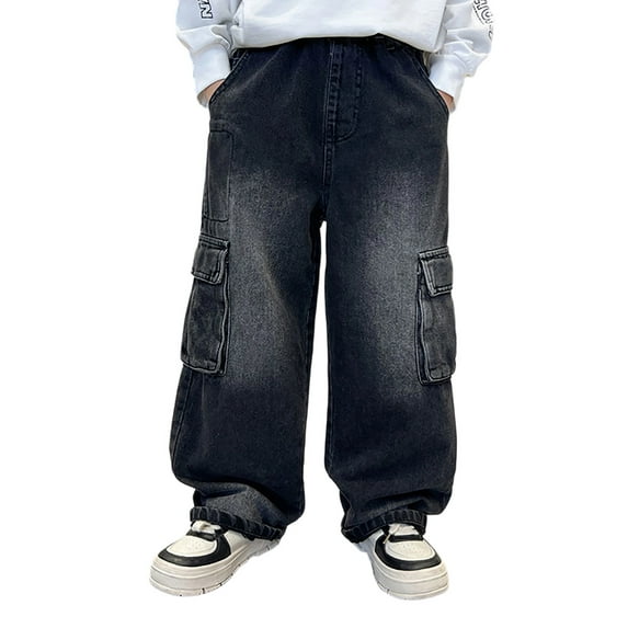 WAYUTE Boys Baggy Jeans Wide Leg Elastic Waist and Multiple Pockets Cargo Trousers Denim Pants for Child and Kids Fashoin Outdoor Streetwear