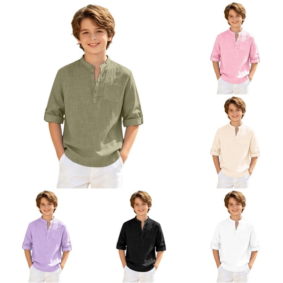WAYUTE Boys Button Collar Henley Shirt Short Sleeve Linen Shirts with Front Pocket Lightweight Kids Solid Color Top Casual School,Army Green,Size 9-10 Y