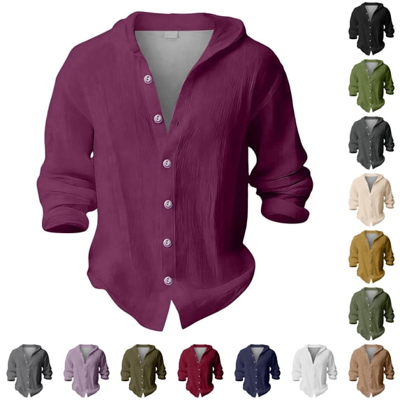 WAYUTE Boys Button Down Linen Hooded Shirt Long Sleeve Summer Breathable Solid Color Beach Blouse for Kids Youth Casual Outdoor,Dark Purple,Size 6-7 Y