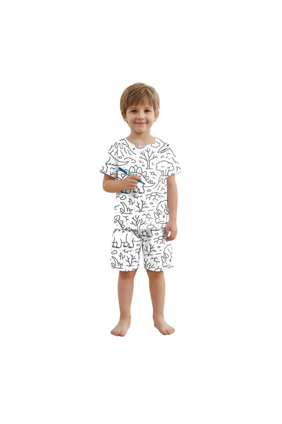 Boys Cartoon Doodle Print Short Sleeve 2 Piece Sleepwear Loungewear for Kids Youth Comfortable Nightwear Casual Outfit Sets