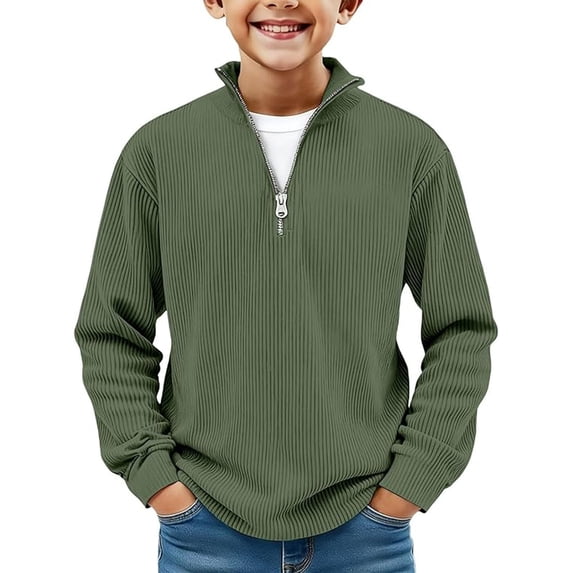 WAYUTE Boys Long Sleeve Corduroy Shirts Zip Pullover Sweater Collared Tops Ribbed Sweatshirts Loose Cute Summer Daily Wear