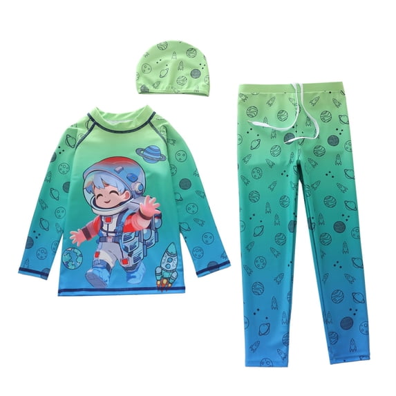 WAYUTE Boys Swim Set 3 Piece Cartoon Printed Rash Guard Stretch Long Sleeve Bathing Suit for Kids Child UPF 50+ Swimming Surfing