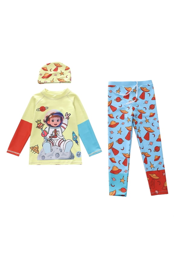 Boys Swim Set 3 Piece Cartoon Printed Rash Guard Stretch Long Sleeve Bathing Suit for Kids Child UPF 50+ Water Activities