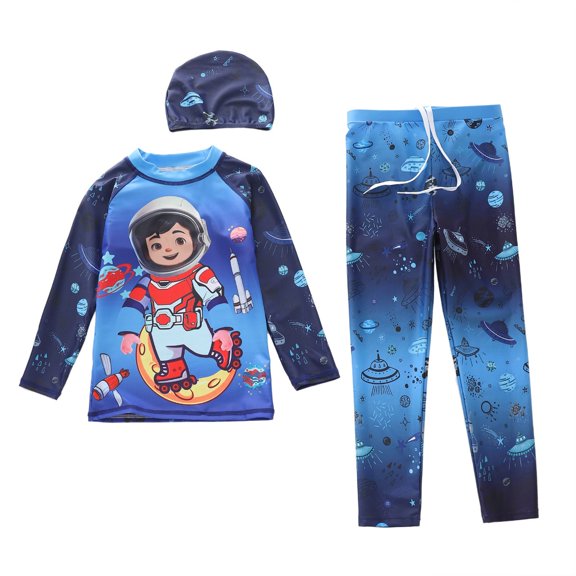 WAYUTE Boys Swim Set 3 Piece Cartoon Printed Rash Guard Stretch Long Sleeve Bathing Suit for Kids Child UPF 50+ Water Activities