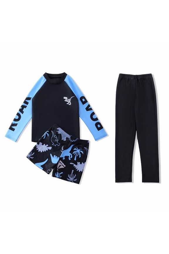 Boys Swim Set Cartoon Printed Long Sleeve Rash Guard Trunks Stretchy Fit Pants for Kids Youth Training Summer Vacation