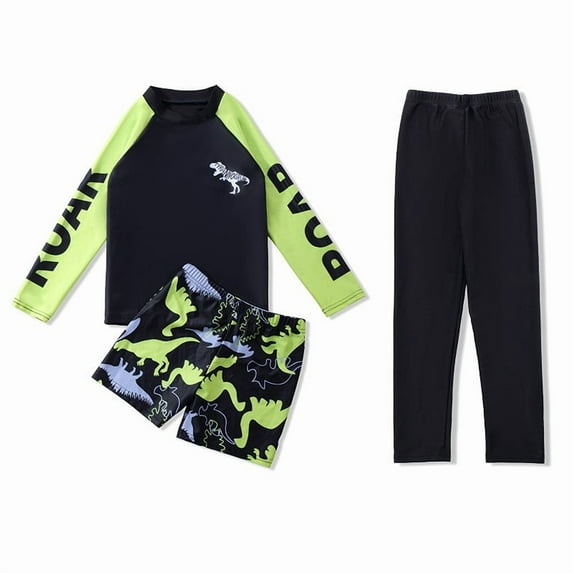 WAYUTE Boys Swim Set Cartoon Printed Long Sleeve Rash Guard Trunks Stretchy Fit Pants for Kids Youth Training Summer Vacation