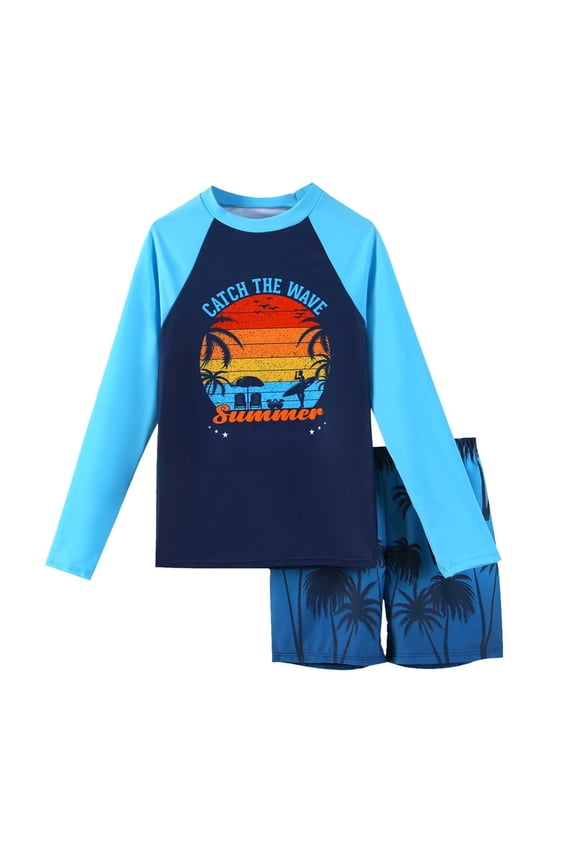 Boys Swim Set Long Sleeve Swimsuit Stylish Printed Sun Protction Swim Shirt Quick Drying Shorts Set Summer Beach Pool