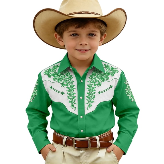 WAYUTE Boys Western Cowboy Print Shirt Long Sleeve Button Down Top for Children and Youth Versatile Casual School