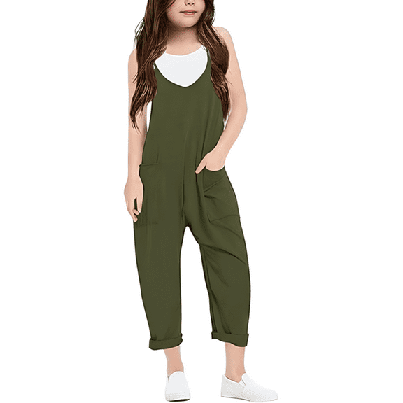 WAYUTE Child Girls Fashion Casual Jumpsuit Onesie Daily Solid Color Loose Casual Romper With Pocket