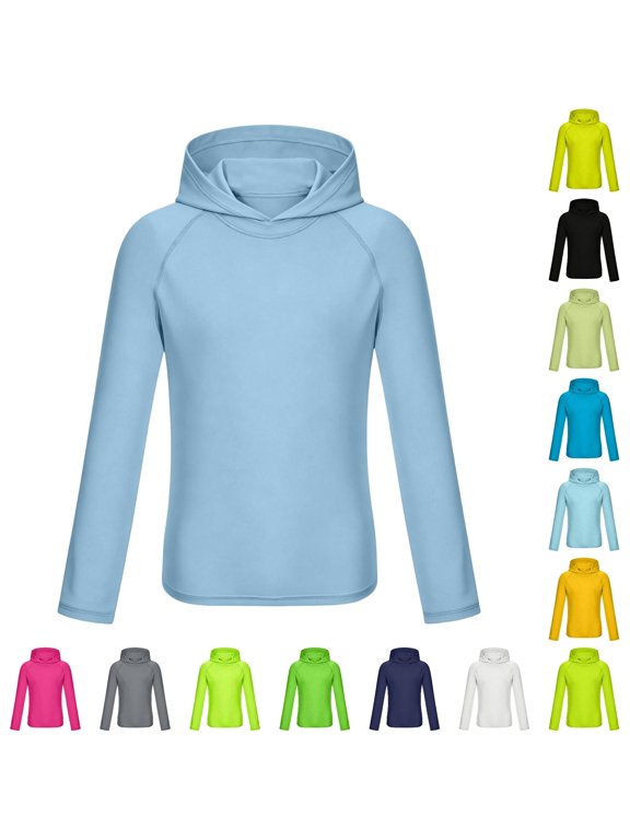 Children Boys Long Sleeve Hooded Swim Shirt for Kids Sun Protection Solid Color Rash Guard Lightweight Beach Top Casual School,Light Blue1,Size 11-12 Y