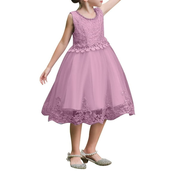 WAYUTE Children Flower Girl Lace Wedding Party Formal Long Gown Dress Hawaii Vacation Baby Sundress / Pink / 7-8 Years