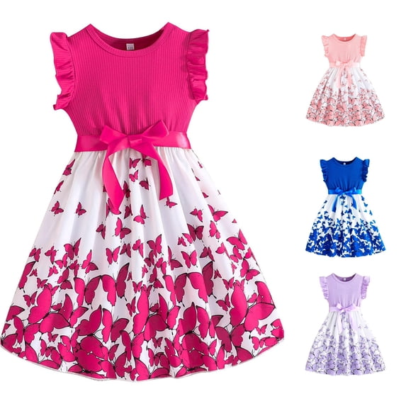 WAYUTE Dresses for Girls Bowknot Design Children Kids Ruffle Trim High Waist Sleeveless A Line Sundress Casual Loose Fit Summer Outdoor,Hot Pink