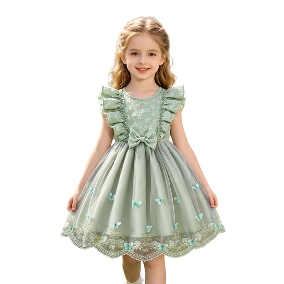 WAYUTE Dresses for Girls Flutter Sleeve High Waist Pleated Princess Dress with Mesh Floral Lace Design Party Wedding Casual Outdoor