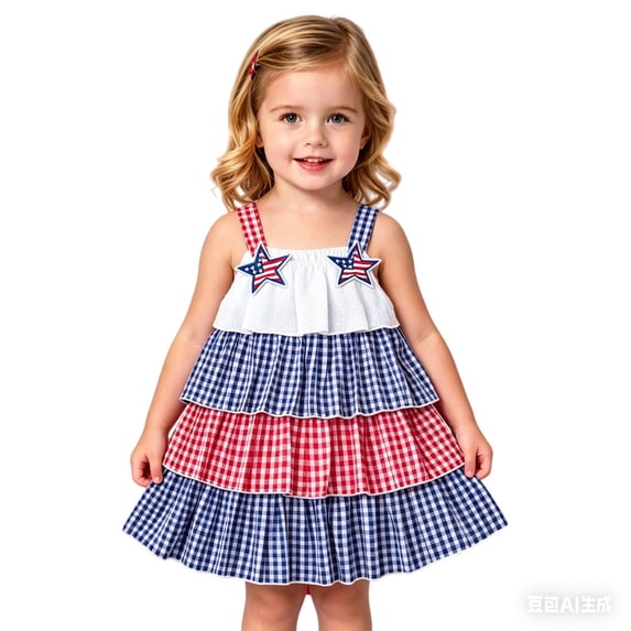 WAYUTE Dresses for Girls Independence Day 4Th Of July Kids Red White Blue National Flag Colors Layered Tiered Ruffle Party Dress Casual Outdoor