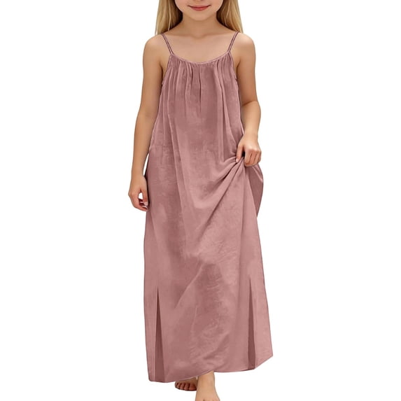 WAYUTE Dresses for Girls Sleeveless Flowy Spaghetti Strap Sundress with Pockets Solid Color Comfort Casual Summer Dailywear