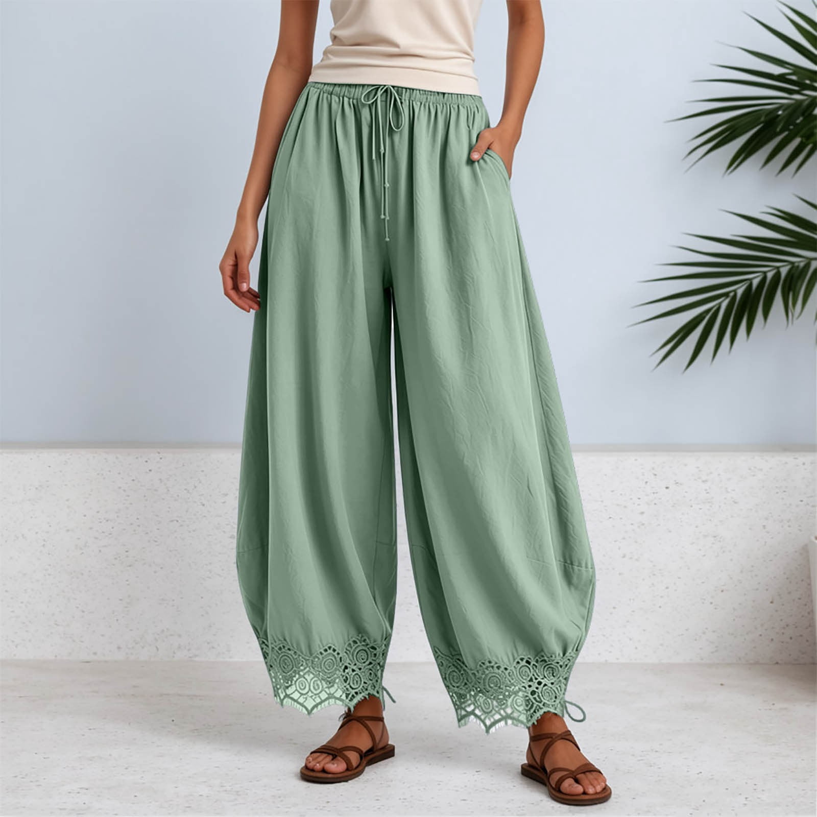 WAYUTE Elegant Knit Lace Capris with Elastic Waist and Curved Front ...