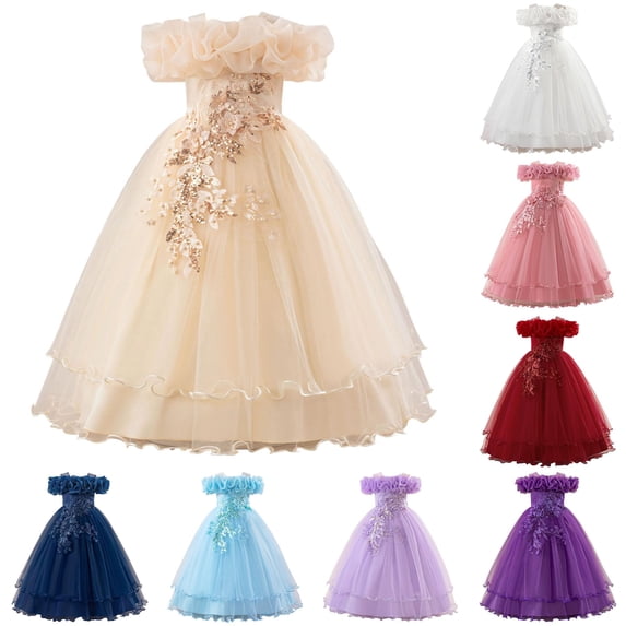 WAYUTE Flower Girl Dress Elegant Off Shoulder Ruffle Lace Sleeveless Wedding Birthday Party Princess Dress for Kids Teen,Beige