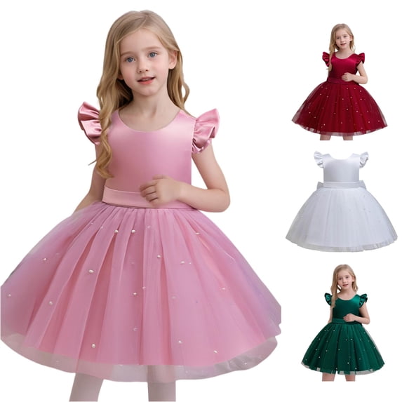 WAYUTE Flower Girl Dress Kids Sleeveless Crewneck Mesh Princess Dress with Bow Design for Toddler Baby Birthday Party Performance,Pink