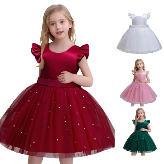 WAYUTE Flower Girl Dress Kids Sleeveless Crewneck Mesh Princess Dress with Bow Design for Toddler Baby Birthday Party Performance,Red