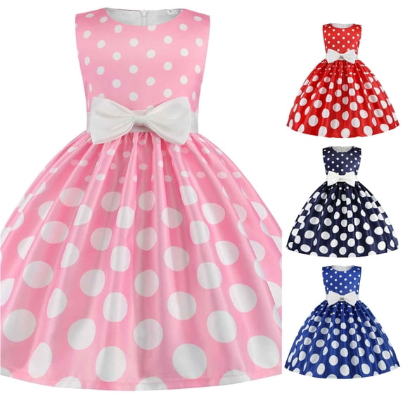 WAYUTE Flower Girl Dress Polaka Dot Printed Sleeveless Crewneck Bow Design Gown Pageant Party Wedding Kids Birthday Princess Dress,Pink