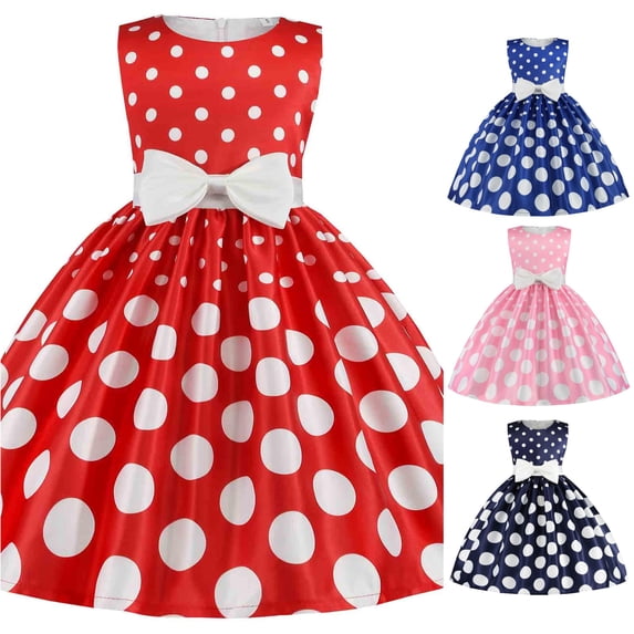 WAYUTE Flower Girl Dress Polaka Dot Printed Sleeveless Crewneck Bow Design Gown Pageant Party Wedding Kids Birthday Princess Dress,Red