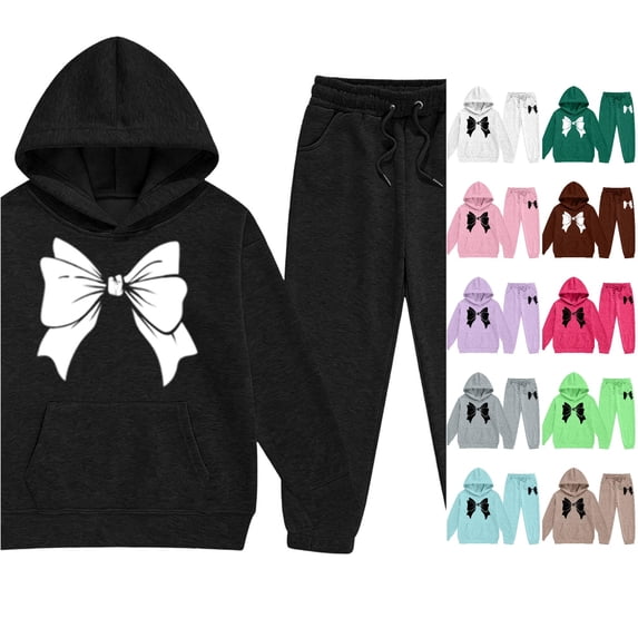 WAYUTE Girls 2 Piece Fall Outfits Bow Print Long Sleeve Hooded Sweatshirts and Pants for Kids Tween Loose Fashion Clothes Sets Casual Daily Wear,Black,Size 2-3 Y