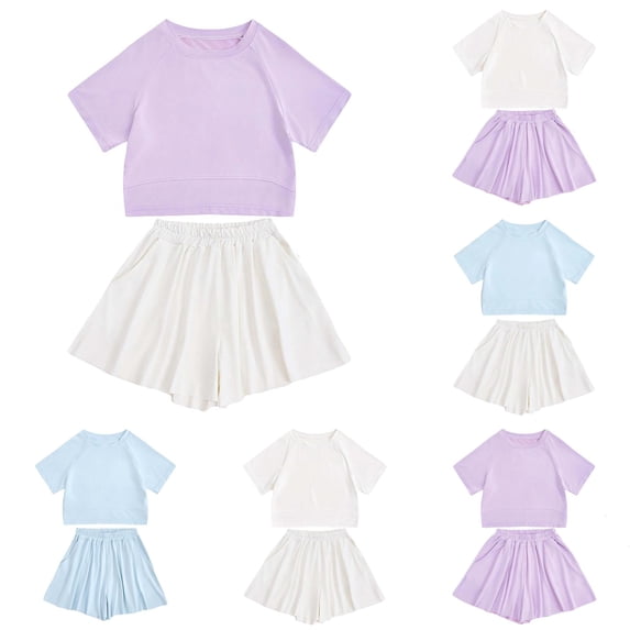 WAYUTE Girls 2 Piece Tennis Outfits Solid Raglan Sleeve Crew Neck Crop Short Sleeve Top and Pleated Skort Kids Athletic Sports Clothing Set Casual Daily Wear,Light Purple,Size 9-10 Y