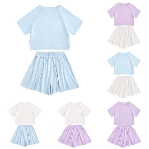 WAYUTE Girls 2 Piece Tennis Outfits Solid Raglan Sleeve Crew Neck Crop Short Sleeve Top and Pleated Skort Kids Athletic Sports Clothing Set Casual Daily Wear,Blue,Size 6-7 Y