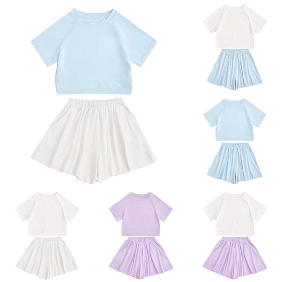 WAYUTE Girls 2 Piece Tennis Outfits Solid Raglan Sleeve Crew Neck Crop Short Sleeve Top and Pleated Skort Kids Athletic Sports Clothing Set Casual Outdoor,Light Blue,Size 4-5 Y