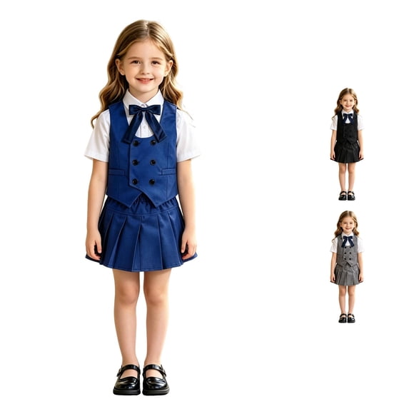WAYUTE Girls 3 Piece School Uniform Outfit Sleeveless Button Front Vest and Pleated Skirt with Bow Tie Kids Formal Clothing Set Casual Daily Wear,Blue,Size 12-18 M