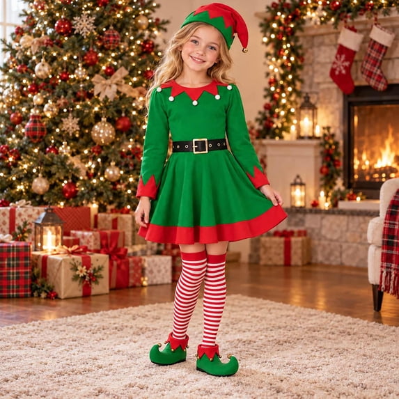 Santa Ress WAYUTE Girls Christmas Elf Festival Dress Santa Hat Stockings Belt ...