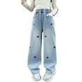 thumbnail image 1 of WAYUTE Girls Denim Pants with Heart Embroidery Fashion Straight Leg Trousers for Toddler and Kids Casual Wide Leg Comfort Soft Bottoms, 1 of 7