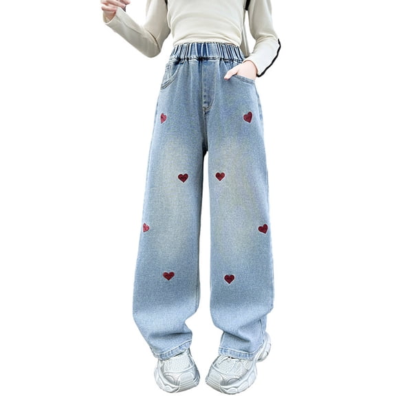 WAYUTE Girls Denim Pants with Heart Embroidery Fashion Straight Leg Trousers for Toddler and Kids Casual Wide Leg Comfort Soft Bottoms