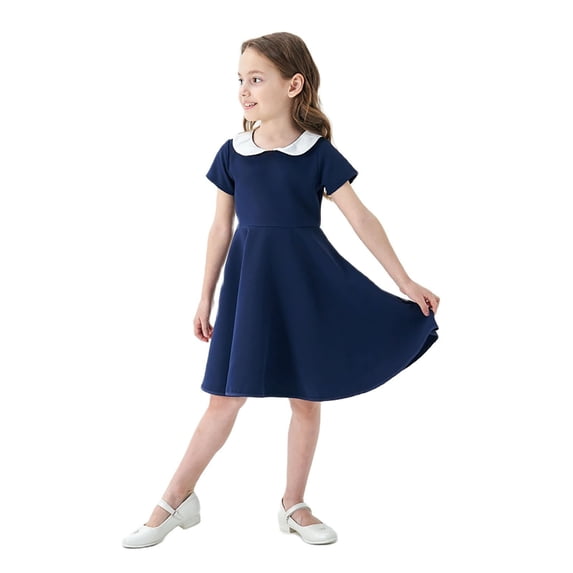 WAYUTE Girls Dress Classic High Waist Children's Solid Color Short Sleeved School Style Sundress Casual Summer Outdoor