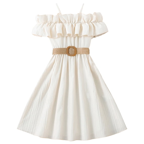 WAYUTE Girls Dress Off Shoulder Ruffle Spaghetti Strap Midi Dress with Woven Belt Casual Textured for Kids Teen Wedding Princess Dress,White