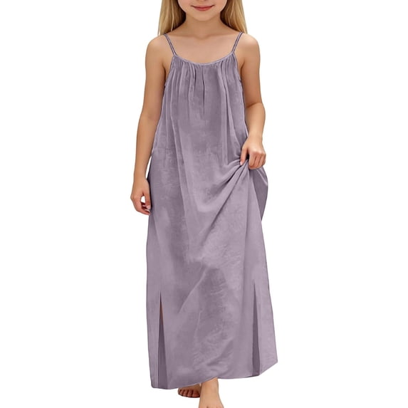 WAYUTE Girls Dress Sleeveless Flowy Spaghetti Strap Sundress with Pockets Solid Color Comfort Casual Summer Dailywear