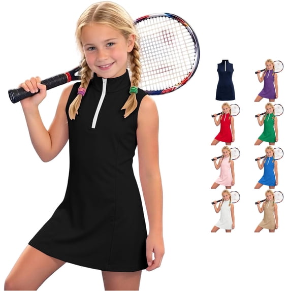 WAYUTE Girls Dress Sleeveless Solid Color Athletic Sports Performance A Line Tennis Dress with Zip Neckline Collar for Toddler Kids,Black