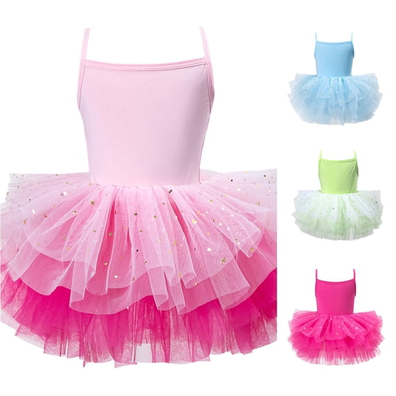 WAYUTE Girls Dress Strappy Leotard Dance Ballet Lace Tutu Dress with Bodice Design for Toddler Kids Solid Color Performance Outfit,Pink