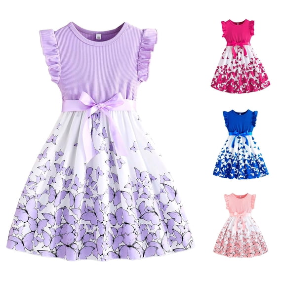 WAYUTE Girls Dresses Bowknot Design Children Kids Ruffle Trim High Waist Sleeveless A Line Sundress Casual Loose Fit Summer Outdoor,Purple