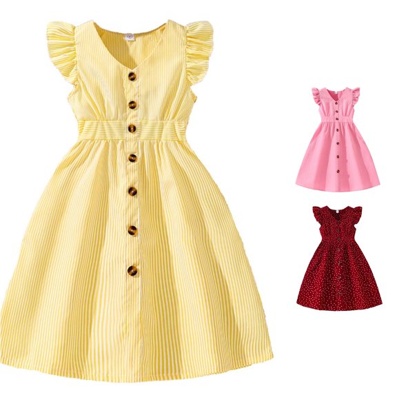 WAYUTE Girls Dresses Button Down Ruffle Hem Solid Color Sleeveless A Line Sundress for Kids Teen Cute Casual Summer Vacation Outfit,Yellow