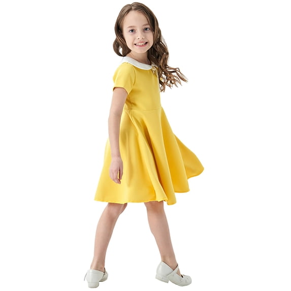 WAYUTE Girls Dresses Classic High Waist Children's Solid Color Short Sleeved School Style Sundress Casual Summer Outdoor