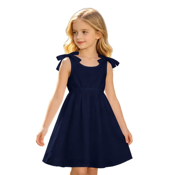 WAYUTE Girls Dresses Crew Neck Tie Bow Strap Design Sleeveless Solid Color Princess Dress for Kids Party Holiday Summer Outdoor