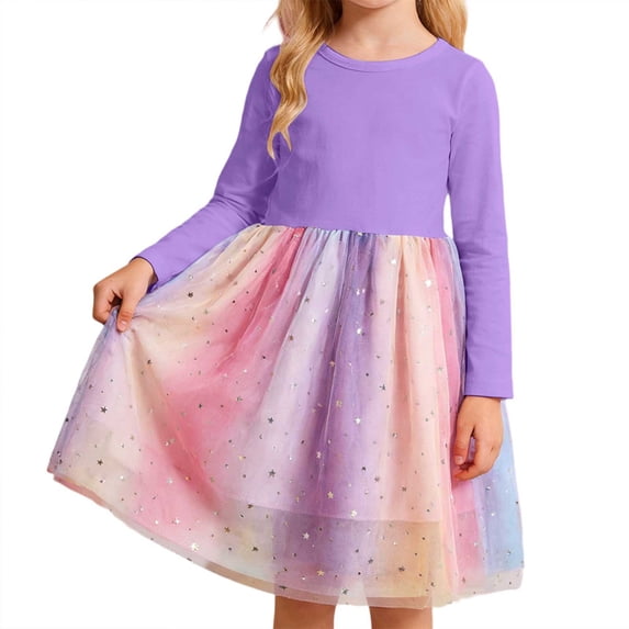 WAYUTE Girls' Dresses Long Sleeve Patchwork Mesh Dress Soft Comfortable Kids for School and Play Outfit Casual Dailywear