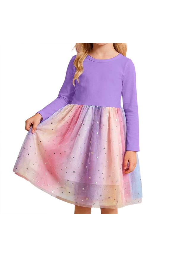 Girls' Dresses Long Sleeve Patchwork Mesh Dress Soft Comfortable Kids for School and Play Outfit Casual Dailywear