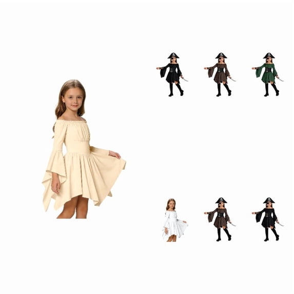 WAYUTE Girls' Dresses Retro Off Shoulder Flared Long Sleeve High Waist Court Style Party Dress with Ruffle Irregular Hem Daily Play Outfit,Beige