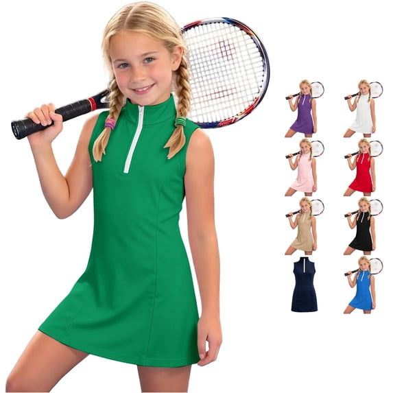 WAYUTE Girls Dresses Sleeveless Solid Color Athletic Sports Performance A Line Tennis Dress with Zip Neckline Collar for Toddler Kids,Green