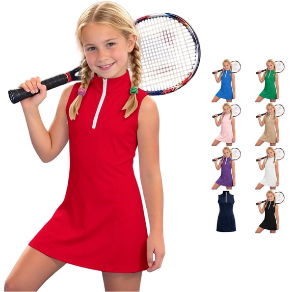 WAYUTE Girls' Dresses Sleeveless Solid Color Athletic Sports Performance A Line Tennis Dress with Zip Neckline Collar for Toddler Kids,Red